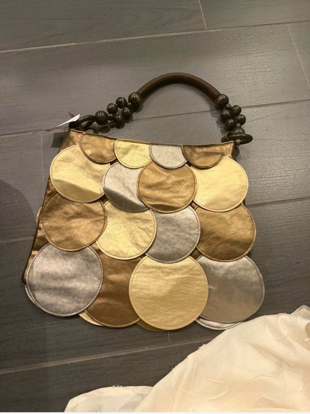 Women’s Metallic Circle Patchwork Handbag - Gold, Silver, Cream